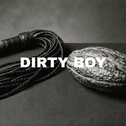 Flogger and cocoa pod with DIRTY BOY written over them