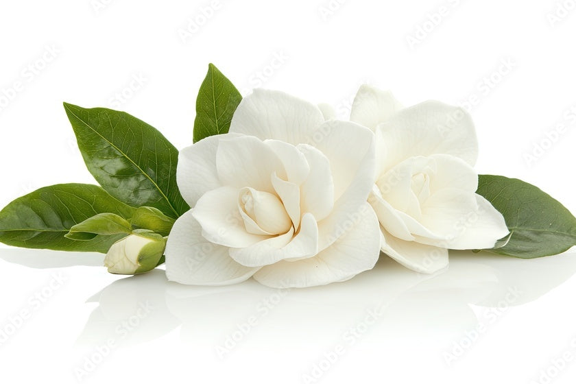 White gardenia flowers with green leaves