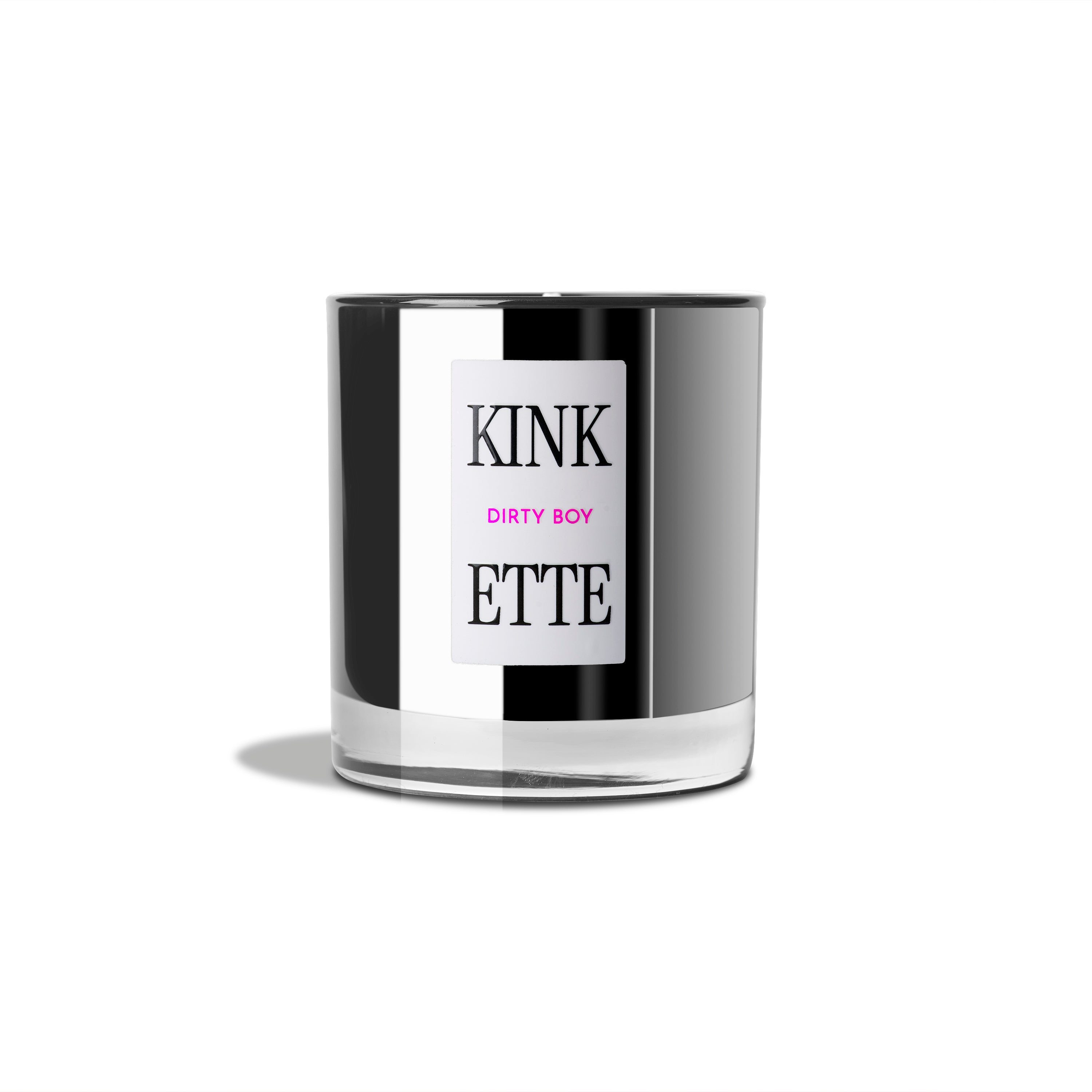Kinkette DIRTY BOY Signature Candle in mirrored black glass vessel on white background — luxury fragrance