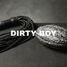 Flogger and cocoa pod with DIRTY BOY written over them