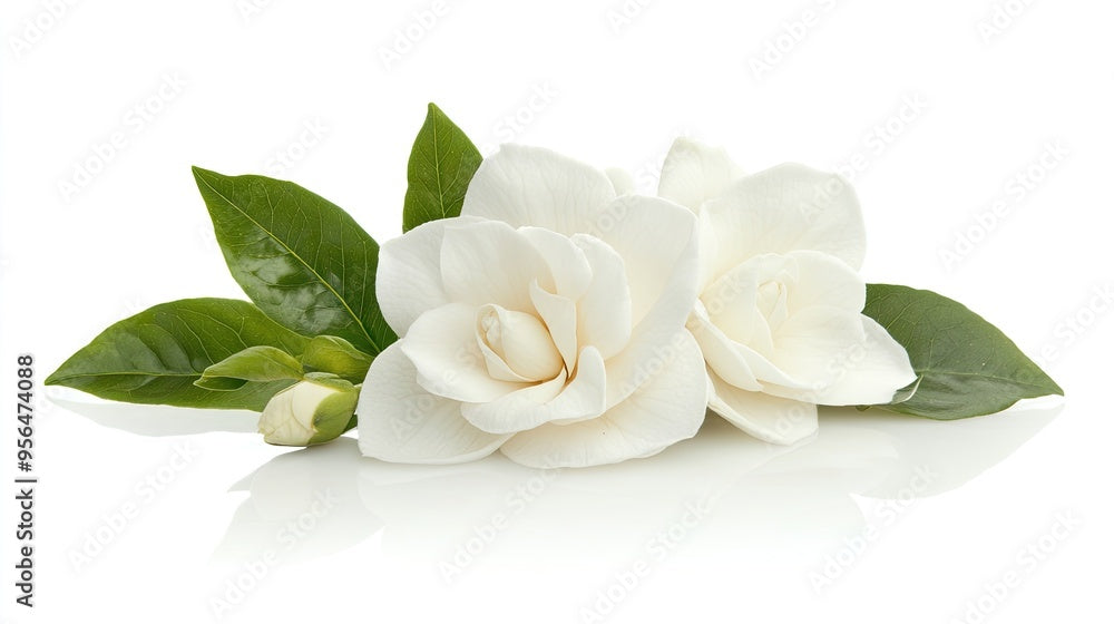White gardenia flowers with green leaves