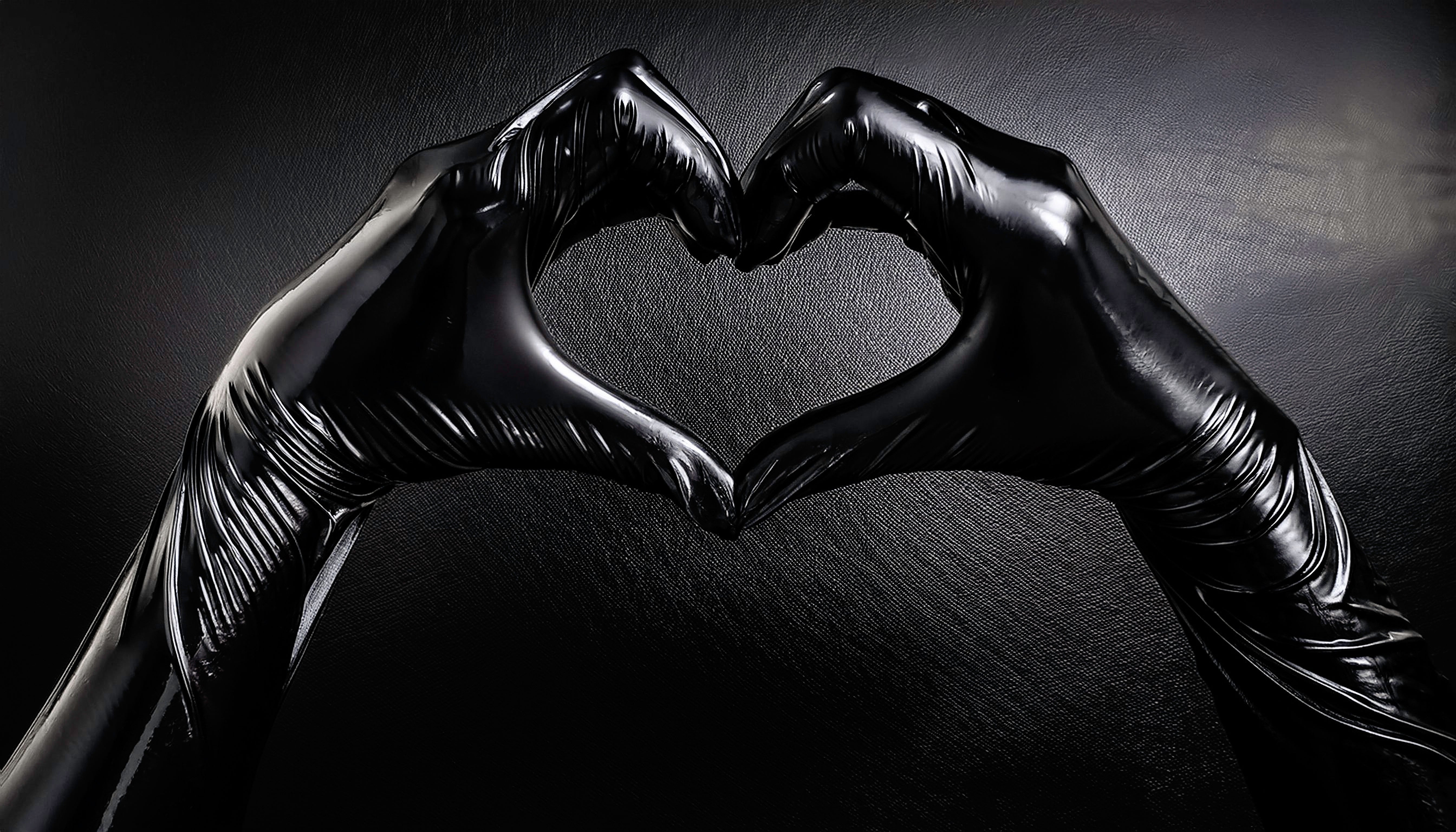 Hands in black latex gloves forming a heart shape